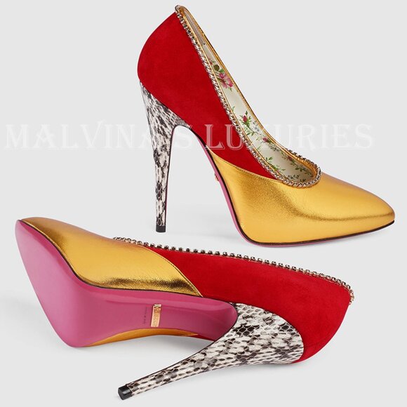 GUCCI SHOES PEACHY PUMPS GOLD LEATHER RED SUEDE PYTHON CRYSTAL sz 37.5 7.5 - Picture 1 of 16
